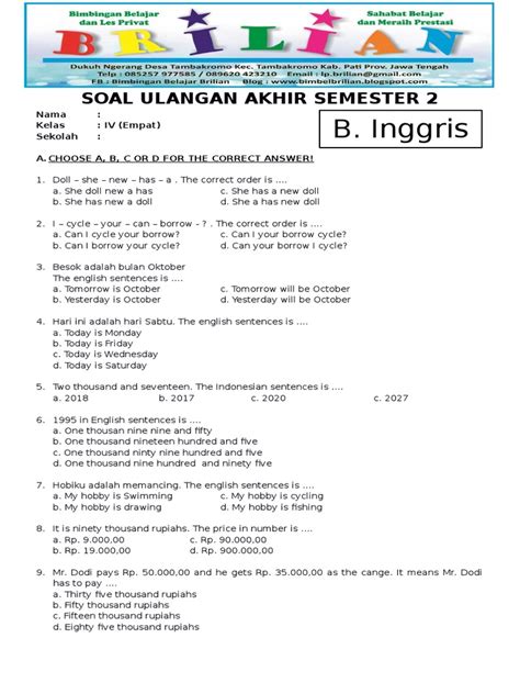 Soal Uts Bahasa Inggris Kelas 4 Semester 1 Dan Kunci Jawaban - Galeri Soal Uts Bahasa Inggris Kelas 4 Semester 1 Dan Kunci Jawaban - Galeri