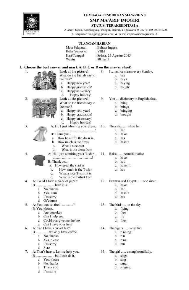 bank soal bahasa inggris kelas 8 semester 1