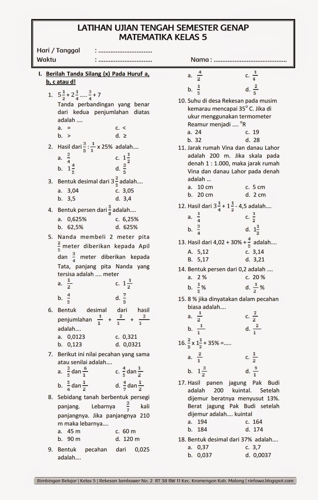 7 Lembar Kerja Soal Matematika Kelas 5 Semester 1 Kurikulum 2013 Siap Cetak, Wajib Dicoba!