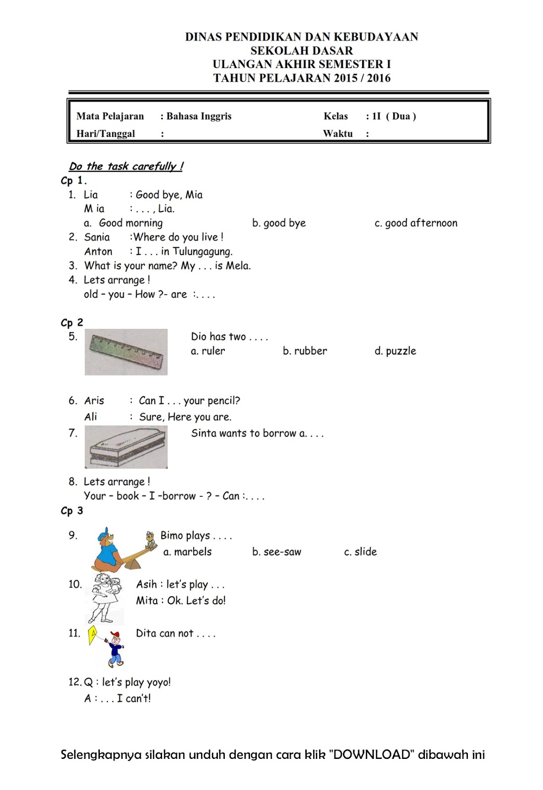 Mengukur Kemajuan Belajar Contoh Soal Ulangan English Chest Kelas 2 SD Mengukur Kemajuan Belajar Contoh Soal Ulangan English Chest Kelas 2 SD