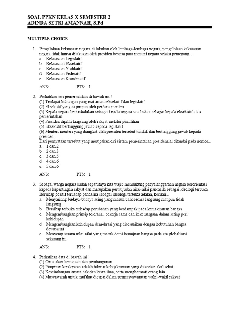 Soal PPKN Kelas X Semester 2 PDF Soal PPKN Kelas X Semester 2 PDF