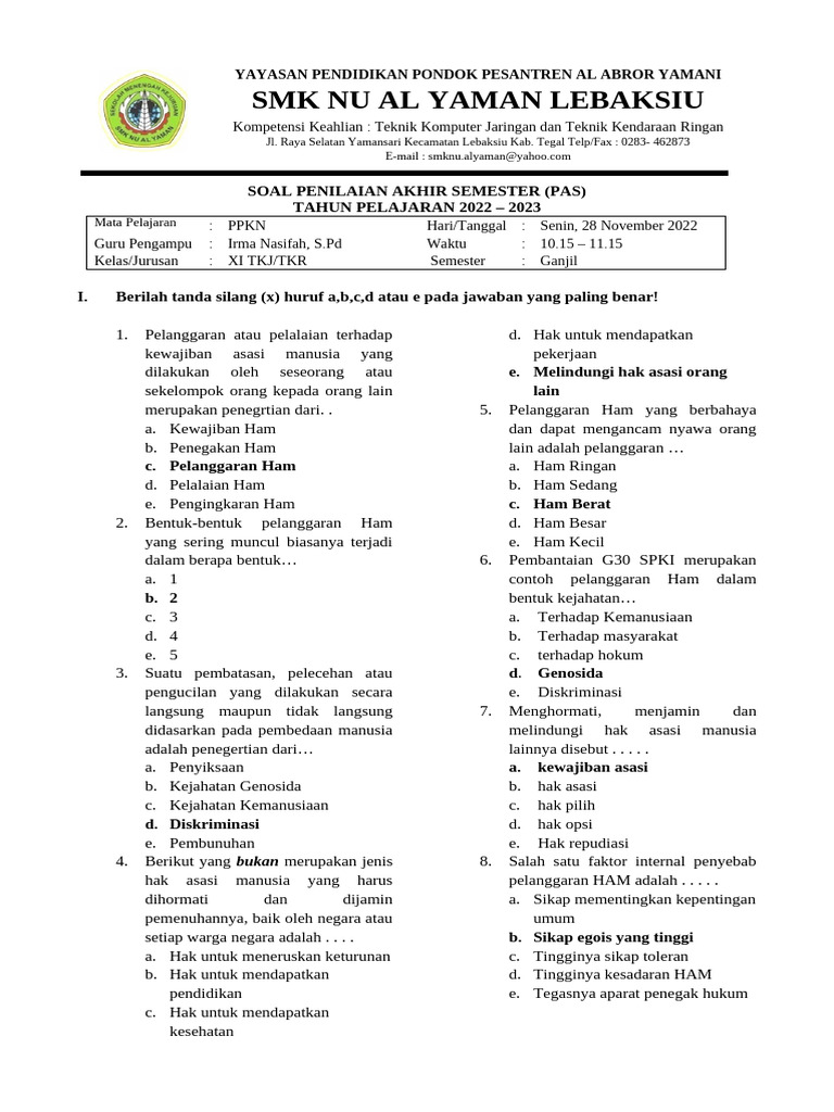 Soal PKN Kelas XI SMK NU Al Yaman PDF Soal PKN Kelas XI SMK NU Al Yaman PDF