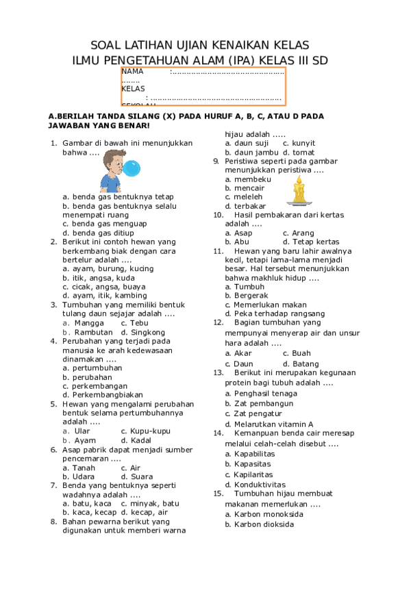 Contoh Soal Perubahan Wujud Benda Kelas 3 Sd Tulisan