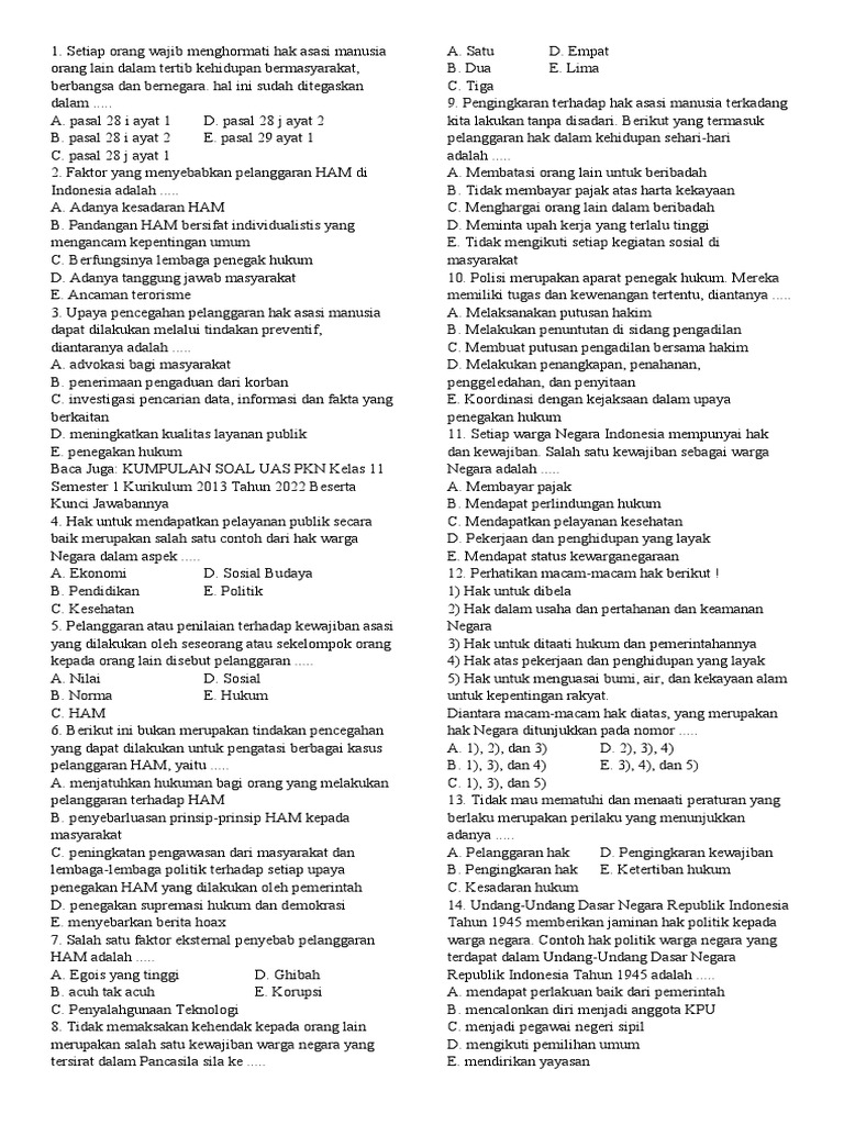Soal PKN Kelas 12 Semester 1 HAM PDF Soal PKN Kelas 12 Semester 1 HAM PDF