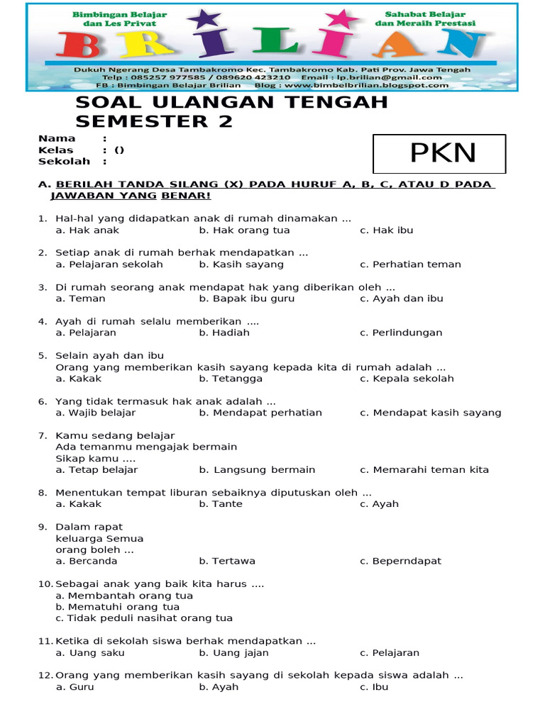 Soal PKN Kelas 1 SD Semester 2 PDF Soal PKN Kelas 1 SD Semester 2 PDF