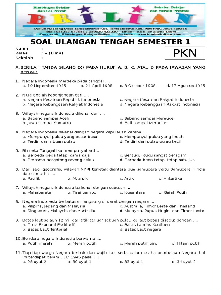 Soal PKN Kelas 5 Semester 1 dan Kunci PDF Soal PKN Kelas 5 Semester 1 dan Kunci PDF