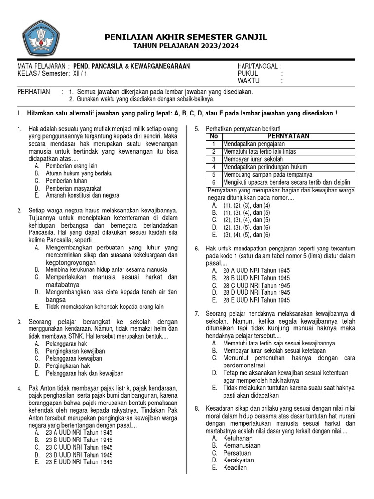 Soal PKN Kelas 12 Semester 1 PDF Hukum Soal PKN Kelas 12 Semester 1 PDF Hukum