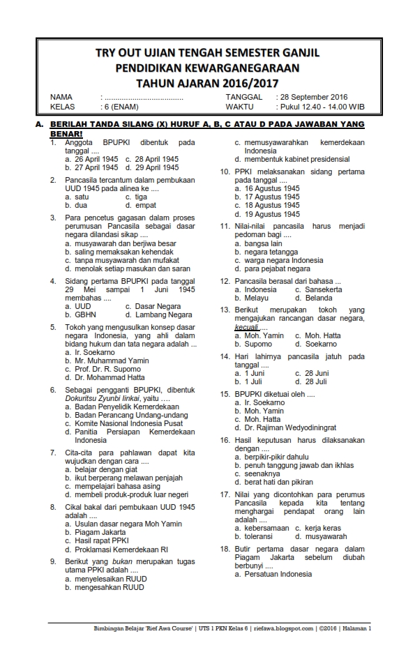 contoh soal pkn semester 1 kelas 6 sd contoh soal pkn semester 1 kelas 6 sd