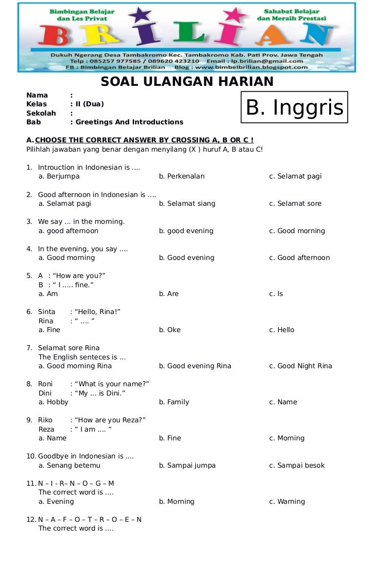 Kumpulan Latihan Soal Semester 1 Bahasa Inggris Kelas 2 Terbukti Paling Akurat Kumpulan Latihan Soal Semester 1 Bahasa Inggris Kelas 2 Terbukti Paling Akurat