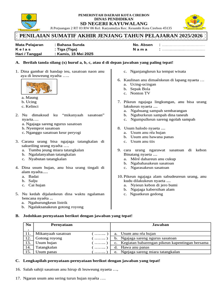 Rahasia Lulus Nilai Sempurna Soal Bahasa Sunda Kelas 3 SD Kurikulum 2013 Semester 1