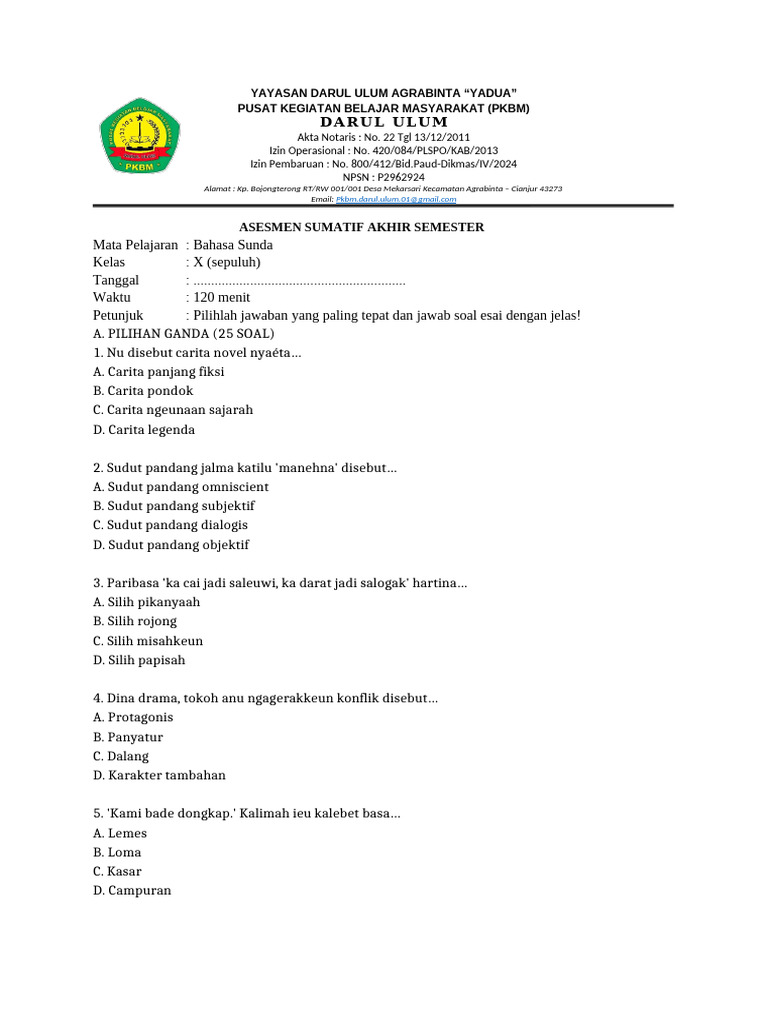 Rahasia Lulus Ujian dengan Soal Bahasa Sunda Kelas 10 Semester 1 Kurikulum 2013 Rahasia Lulus Ujian dengan Soal Bahasa Sunda Kelas 10 Semester 1 Kurikulum 2013